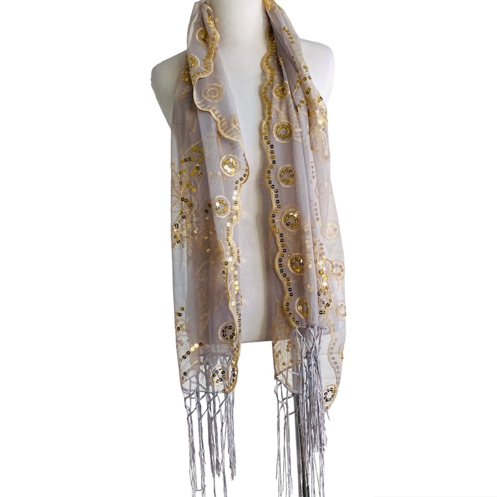 SPECIAL OCCASION SCARF SHAWL HAIR COVER GRAY GOLD SEQUINS FLORAL FRINGES